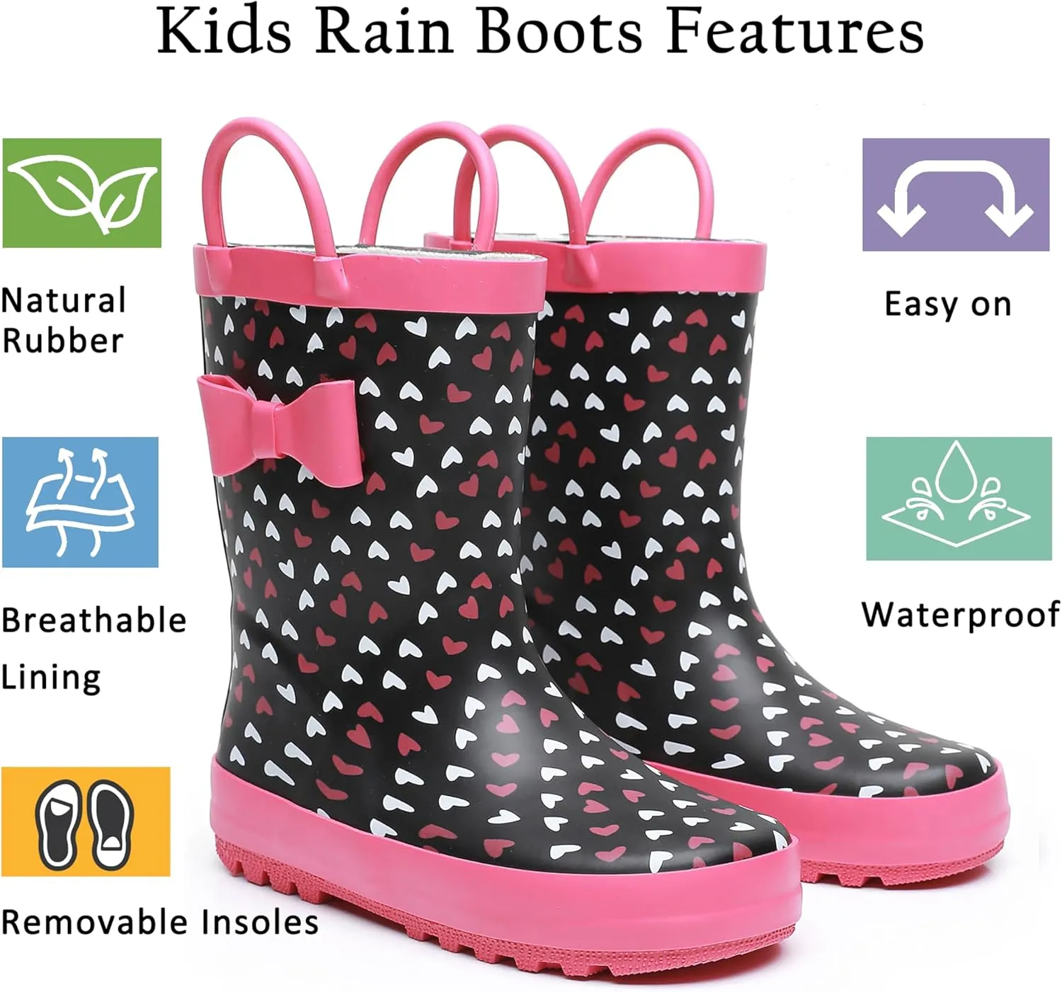 Toddler Rain Boots for Boys and Girls Waterproof Rubber Kids Rain Boots with Easy on Handles All-season