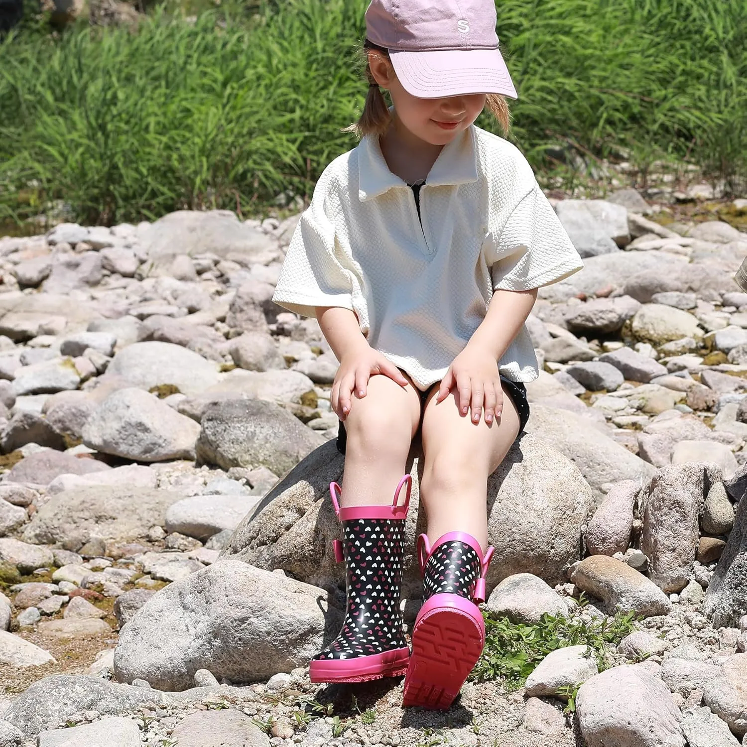 Toddler Rain Boots for Boys and Girls Waterproof Rubber Kids Rain Boots with Easy on Handles All-season