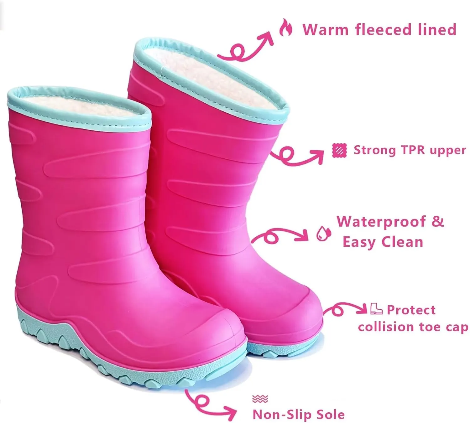Toddler Winter Rain Boots, Insulated Waterproof Kids Snow Boots Fleece Lined Cozy Insulated Boot for Boys Girls