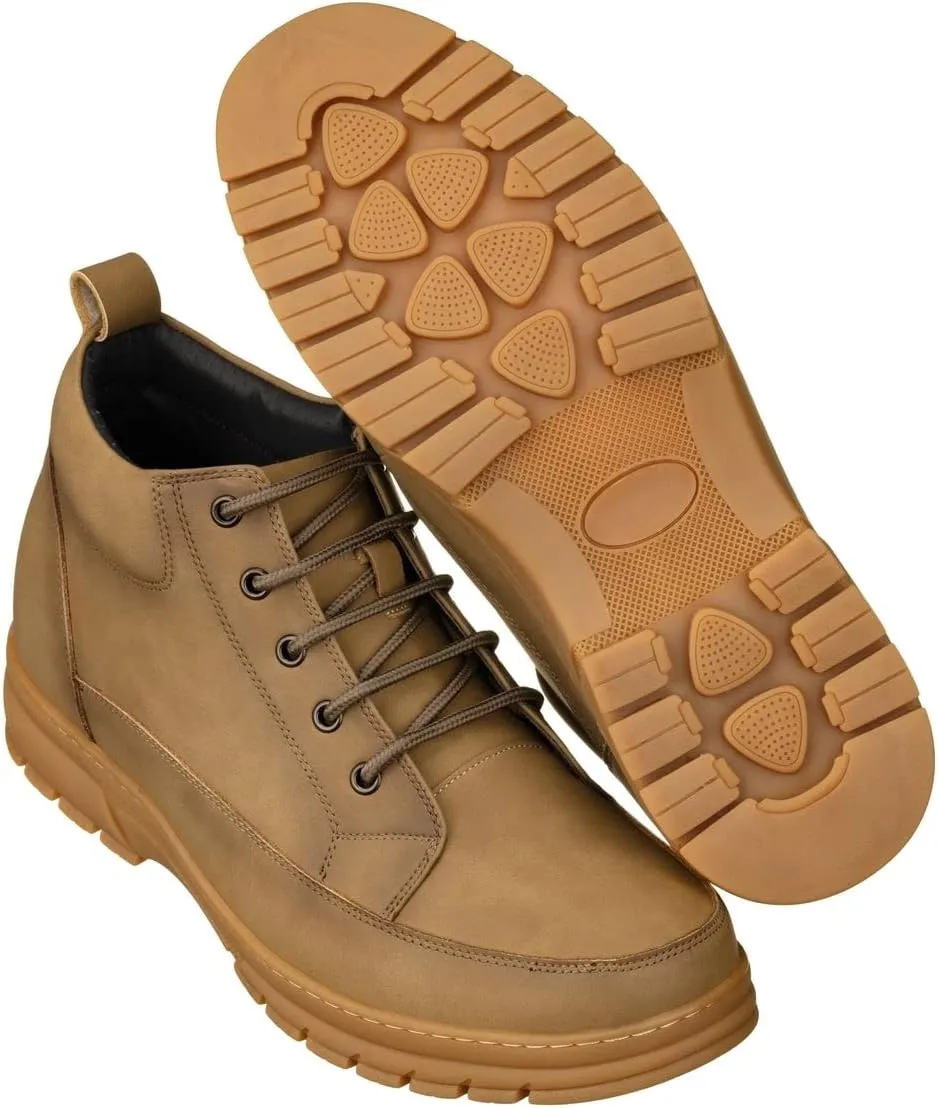 TOTO Men's Invisible Height Increasing Elevator Shoes - Khaki Premium Leather Lace-up Hiking-Style Boots - 2.8 Inches Taller - K11552 - Size 8 D(M) US