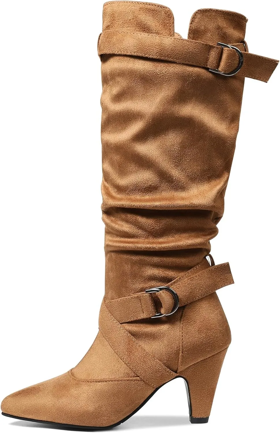 Tscoyuki Slouchy Knee High Boots Women Fall Boots for Women 2024 Buckle Strap Kitten Heel Suede Winter Boots Long Tall Dress Boots