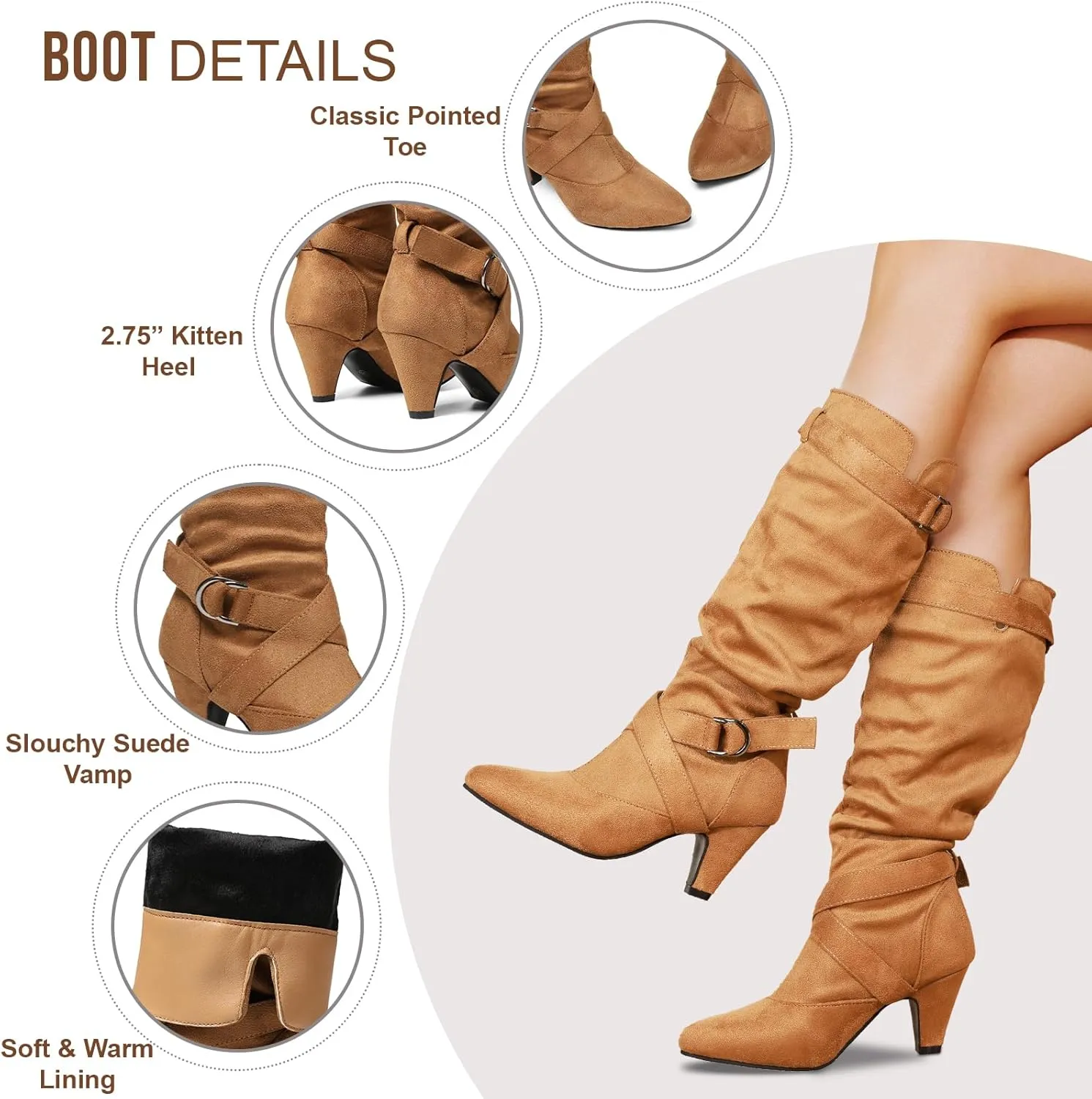 Tscoyuki Slouchy Knee High Boots Women Fall Boots for Women 2024 Buckle Strap Kitten Heel Suede Winter Boots Long Tall Dress Boots
