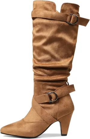 Tscoyuki Slouchy Knee High Boots Women Fall Boots for Women 2024 Buckle Strap Kitten Heel Suede Winter Boots Long Tall Dress Boots