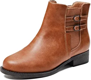 Veittes Women's Ankle Boots - Classic Side Zip, Cover with Buckle Strap, Comfortable Platform, Round Toe, Low Chunky Heel Comfort Slip On Fashion (Black/Dark Brown/Grey) Boots