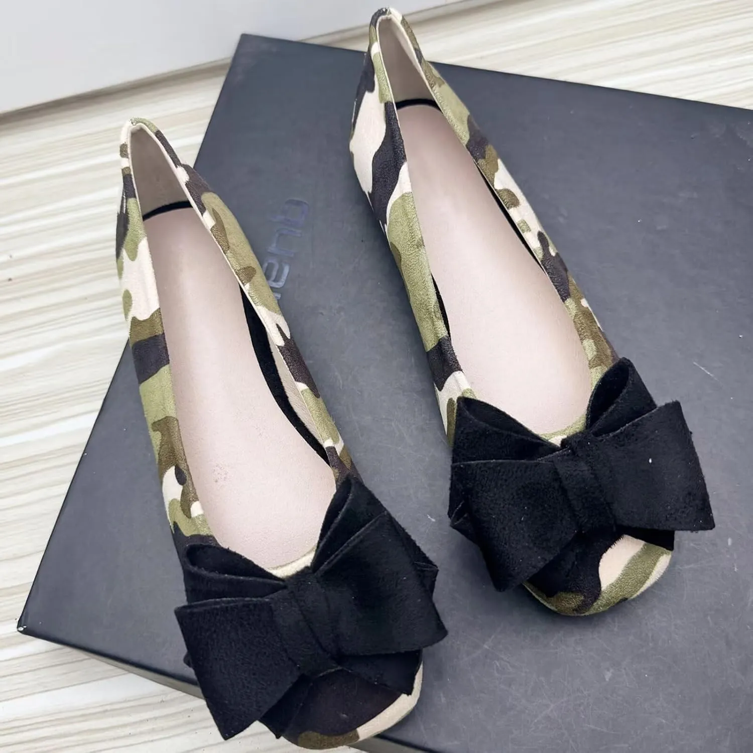 WENJIAZHIZHI Bowknot Ballet Flats Womens Square Toe Bowtie Flat Shoes Suede Dress Shoes Wear to Work Slip On Moccasins