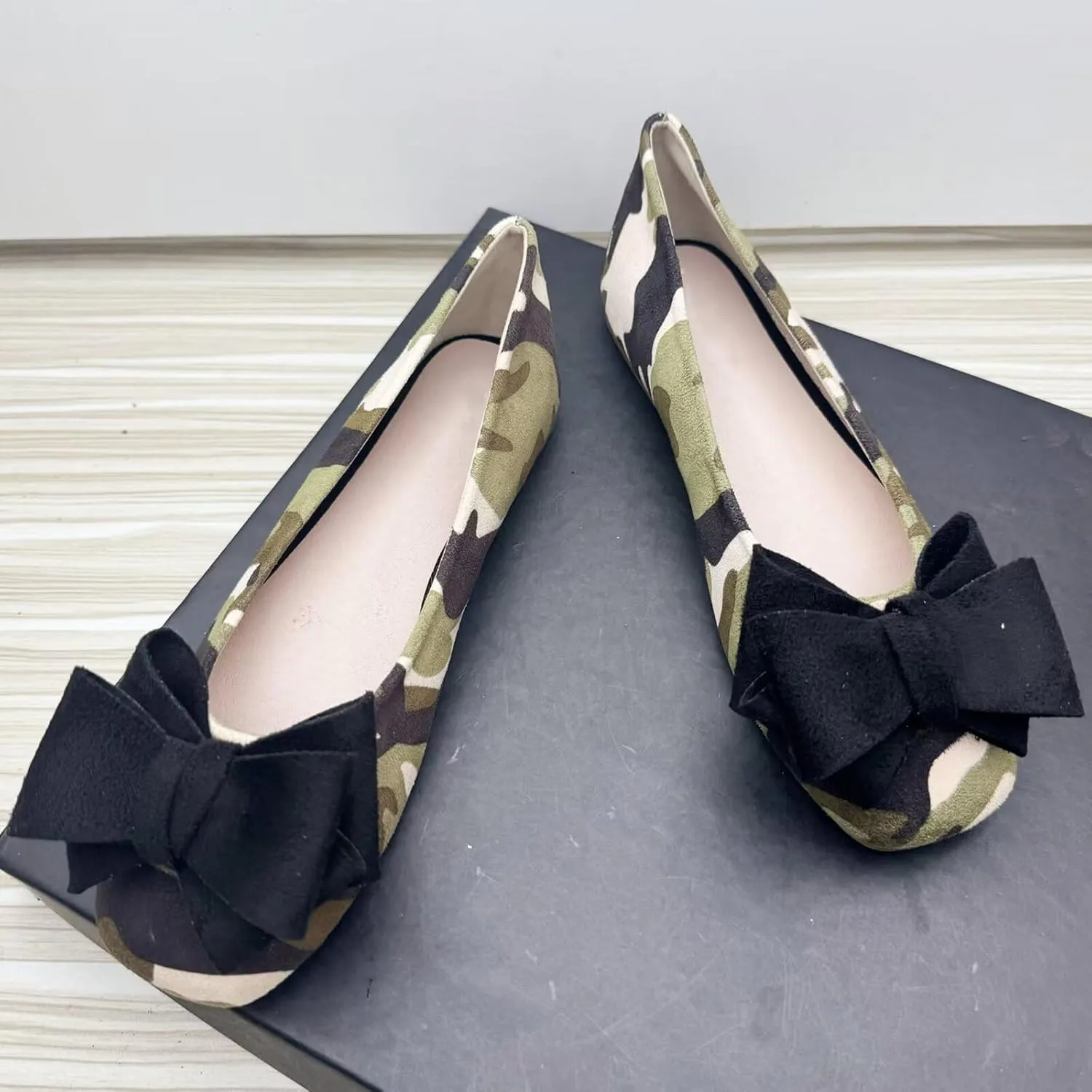 WENJIAZHIZHI Bowknot Ballet Flats Womens Square Toe Bowtie Flat Shoes Suede Dress Shoes Wear to Work Slip On Moccasins