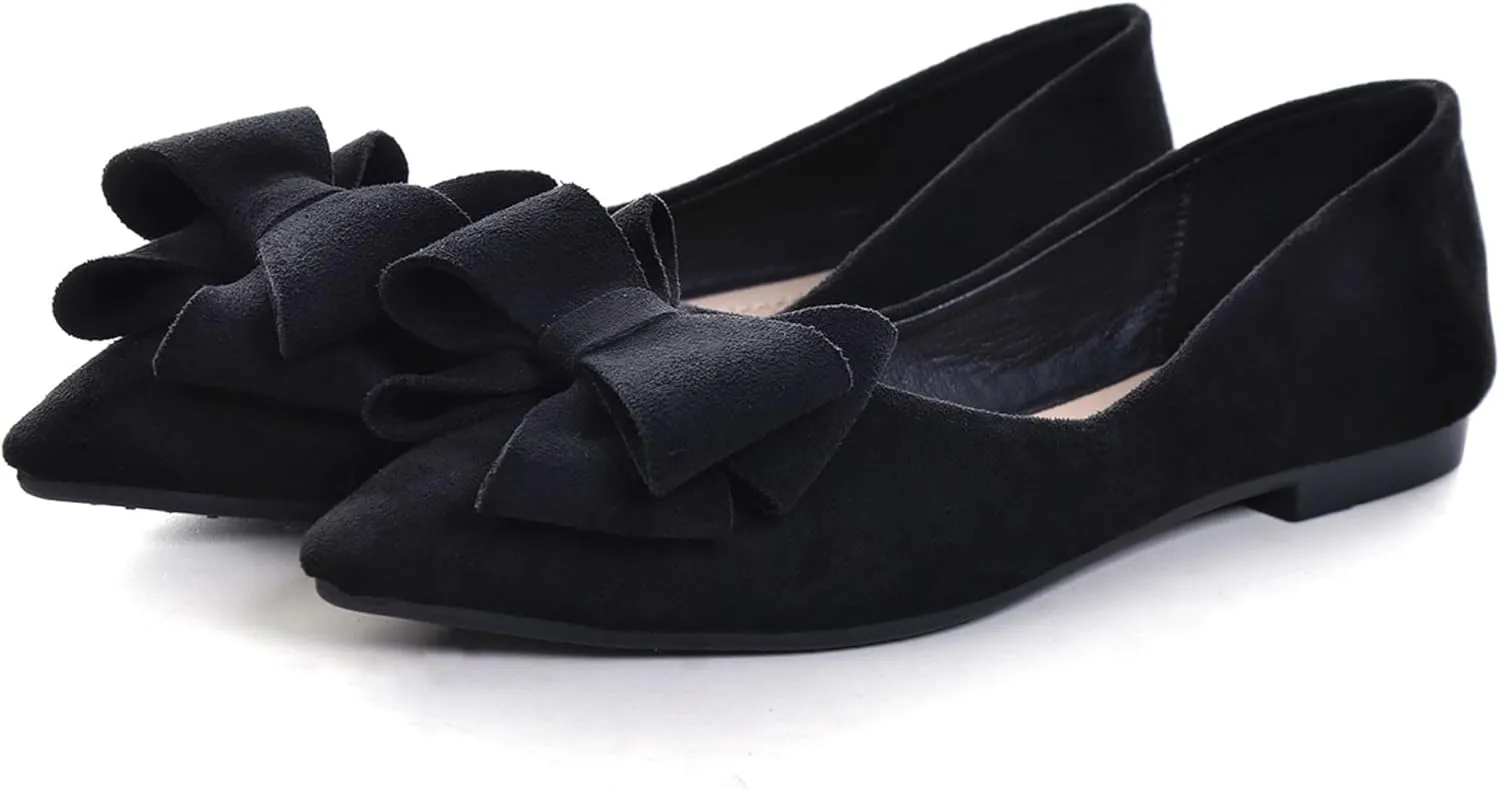 WENJIAZHIZHI Flat Dress Shoes Women Comfortable Ballet Flats Slip On Pearls Knot Dressy Shoes Pointed Toe