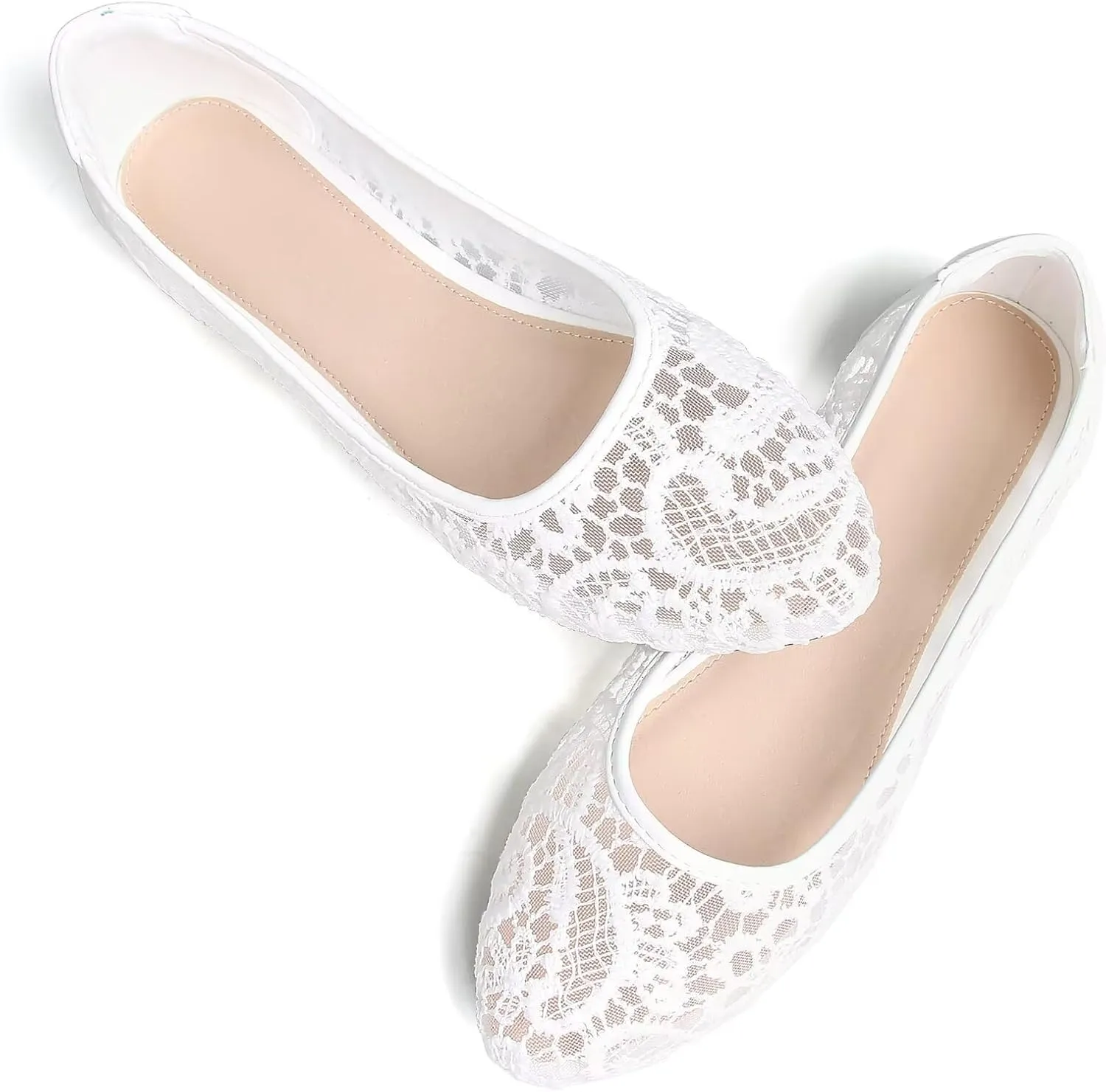 WENJIAZHIZHI Women's Ballets Flats Round Toe Foldable Lace Wedding Flats Comfortable Bridal Dressy Shoes