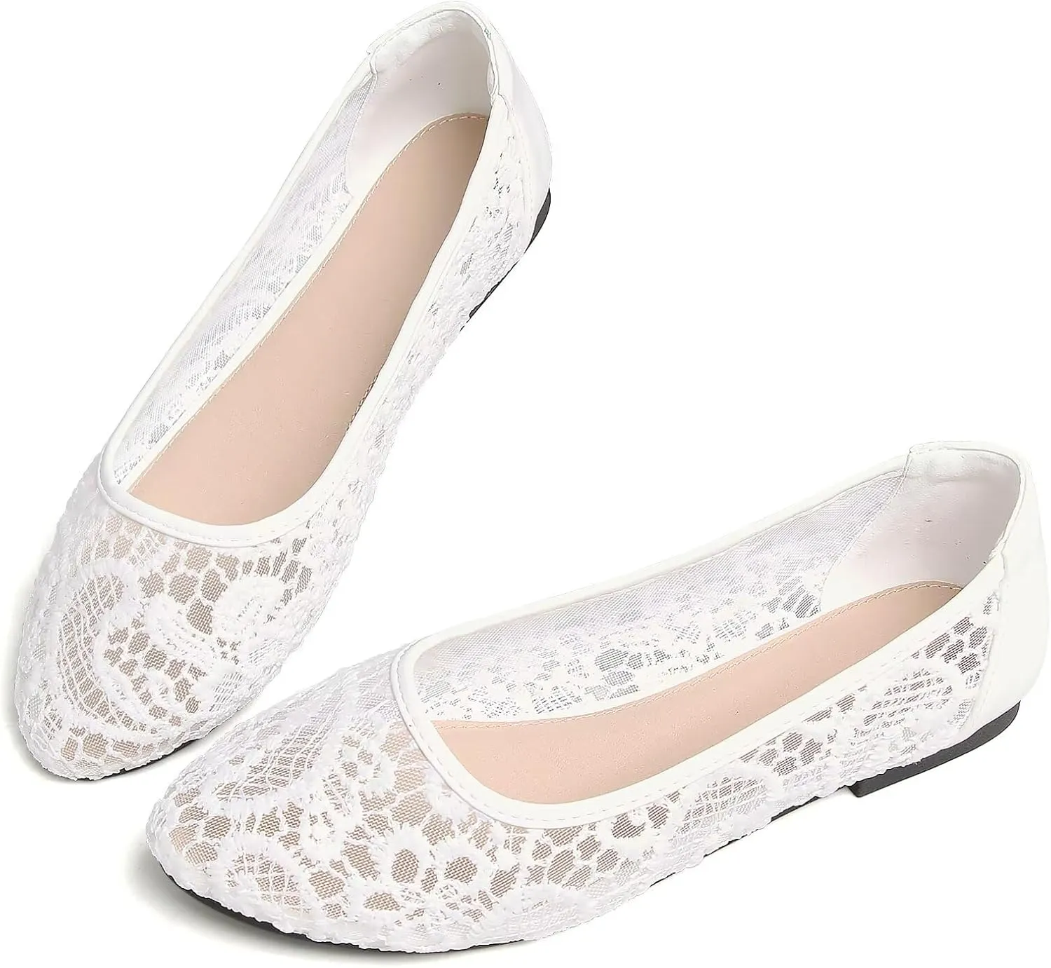 WENJIAZHIZHI Women's Ballets Flats Round Toe Foldable Lace Wedding Flats Comfortable Bridal Dressy Shoes
