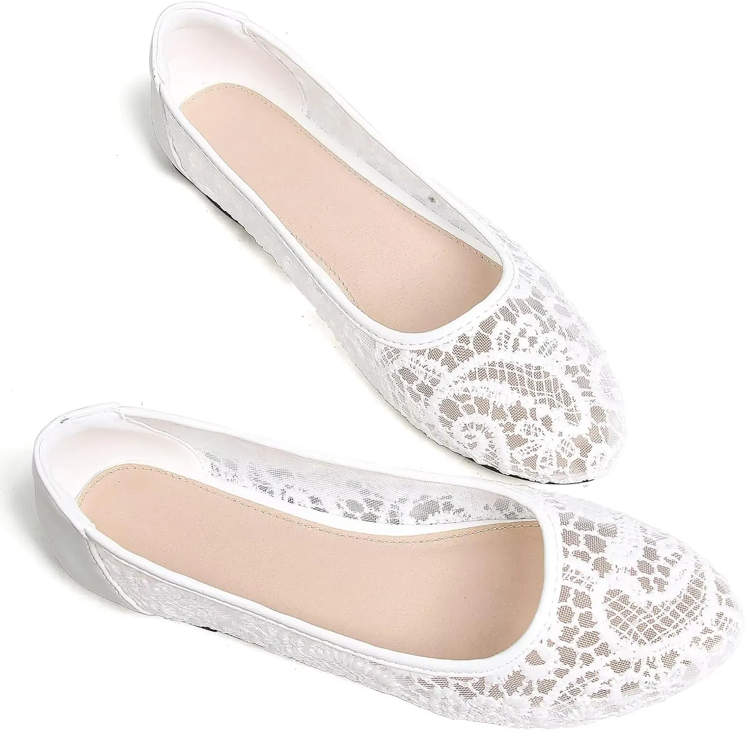 WENJIAZHIZHI Women's Ballets Flats Round Toe Foldable Lace Wedding Flats Comfortable Bridal Dressy Shoes