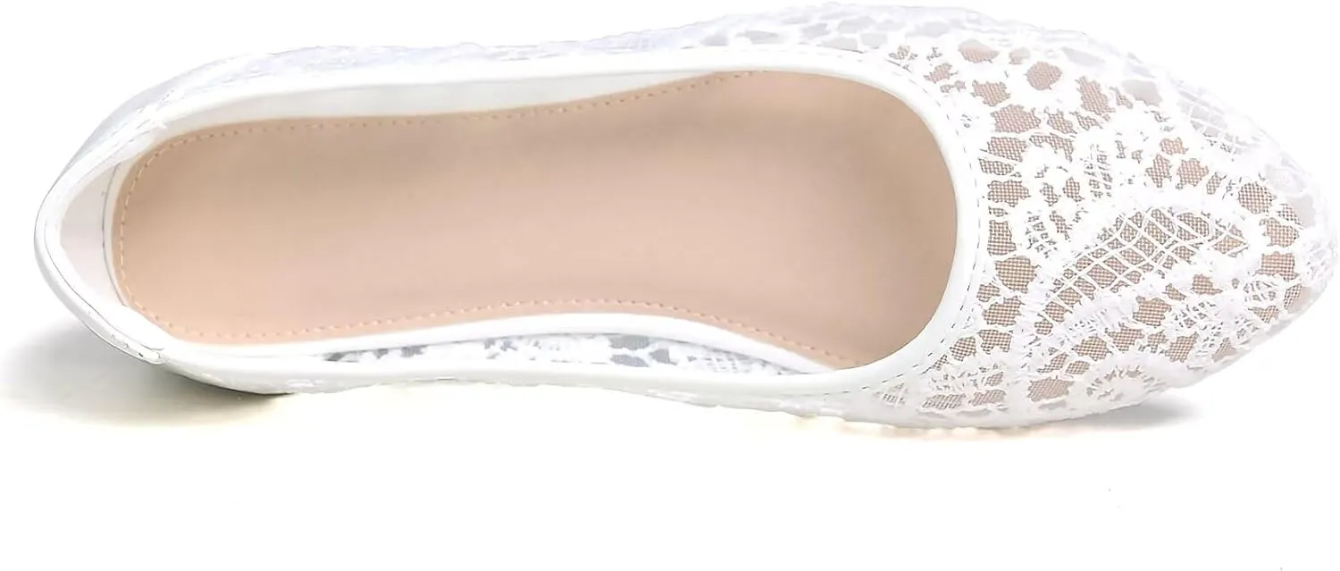 WENJIAZHIZHI Women's Ballets Flats Round Toe Foldable Lace Wedding Flats Comfortable Bridal Dressy Shoes
