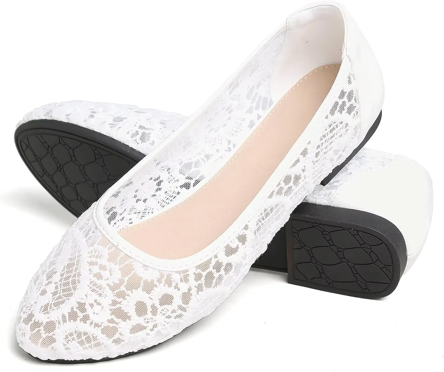 WENJIAZHIZHI Women's Ballets Flats Round Toe Foldable Lace Wedding Flats Comfortable Bridal Dressy Shoes