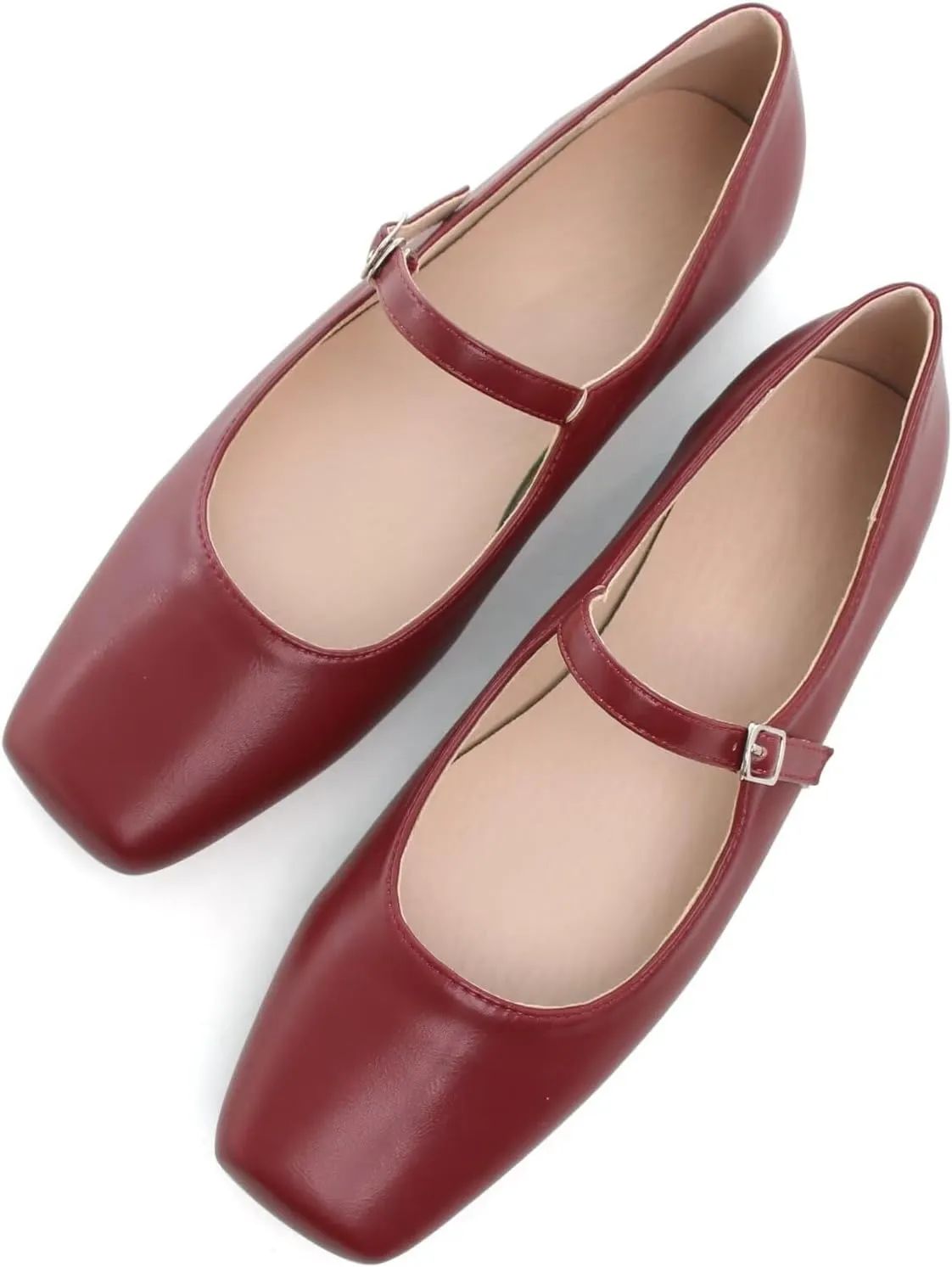 WENJIAZHIZHI Womens Squared Toe Mary Janes Adjustable Buckle Ballet Flats Solid Color Elegant Office Lady Low-Heels Wedding Dressy Shoes