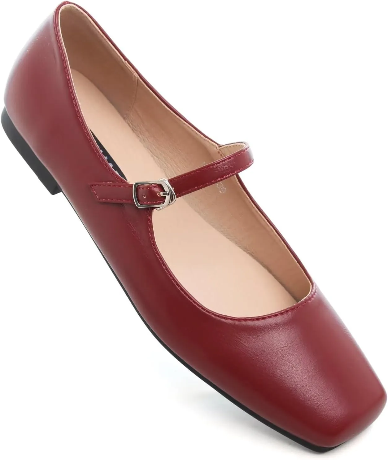 WENJIAZHIZHI Womens Squared Toe Mary Janes Adjustable Buckle Ballet Flats Solid Color Elegant Office Lady Low-Heels Wedding Dressy Shoes