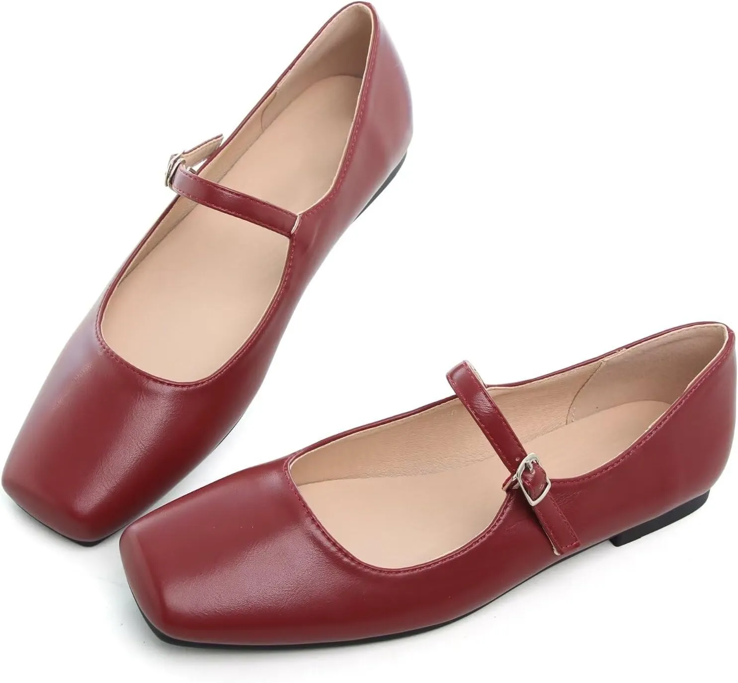 WENJIAZHIZHI Womens Squared Toe Mary Janes Adjustable Buckle Ballet Flats Solid Color Elegant Office Lady Low-Heels Wedding Dressy Shoes