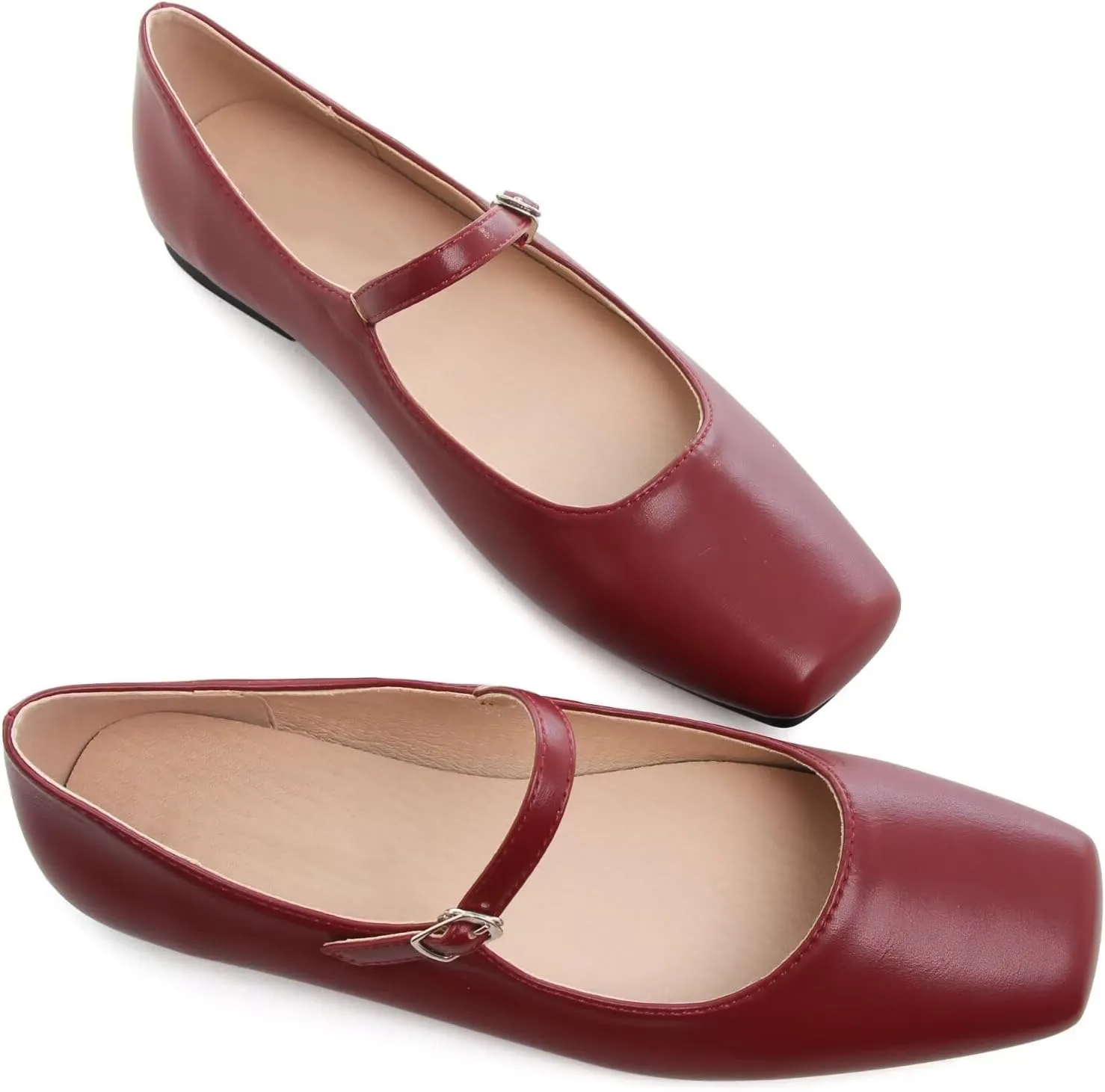 WENJIAZHIZHI Womens Squared Toe Mary Janes Adjustable Buckle Ballet Flats Solid Color Elegant Office Lady Low-Heels Wedding Dressy Shoes