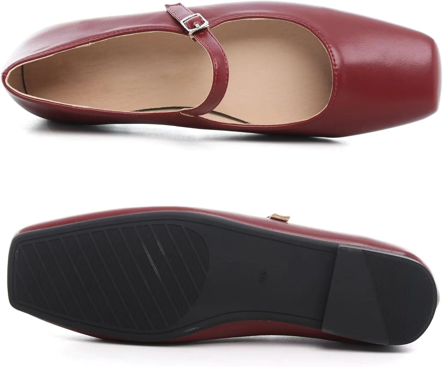 WENJIAZHIZHI Womens Squared Toe Mary Janes Adjustable Buckle Ballet Flats Solid Color Elegant Office Lady Low-Heels Wedding Dressy Shoes