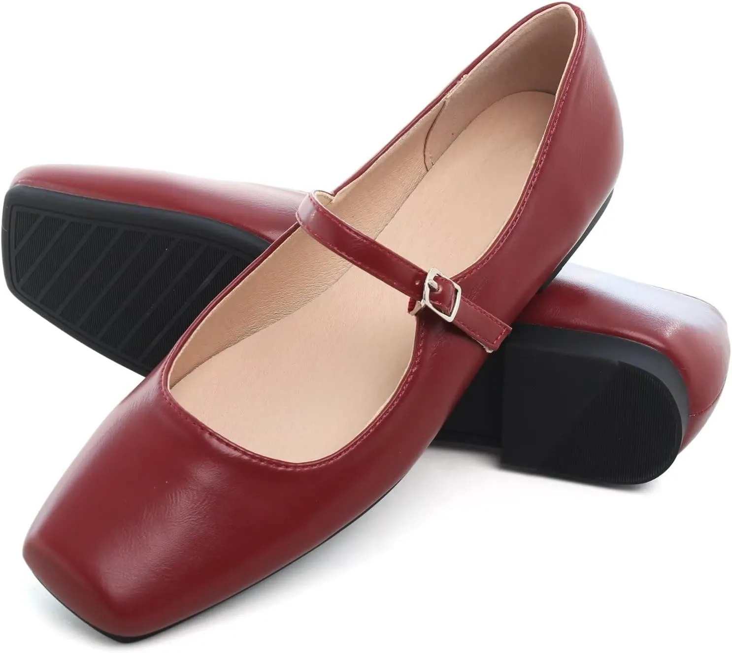WENJIAZHIZHI Womens Squared Toe Mary Janes Adjustable Buckle Ballet Flats Solid Color Elegant Office Lady Low-Heels Wedding Dressy Shoes