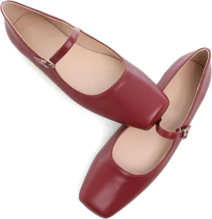 WENJIAZHIZHI Womens Squared Toe Mary Janes Adjustable Buckle Ballet Flats Solid Color Elegant Office Lady Low-Heels Wedding Dressy Shoes