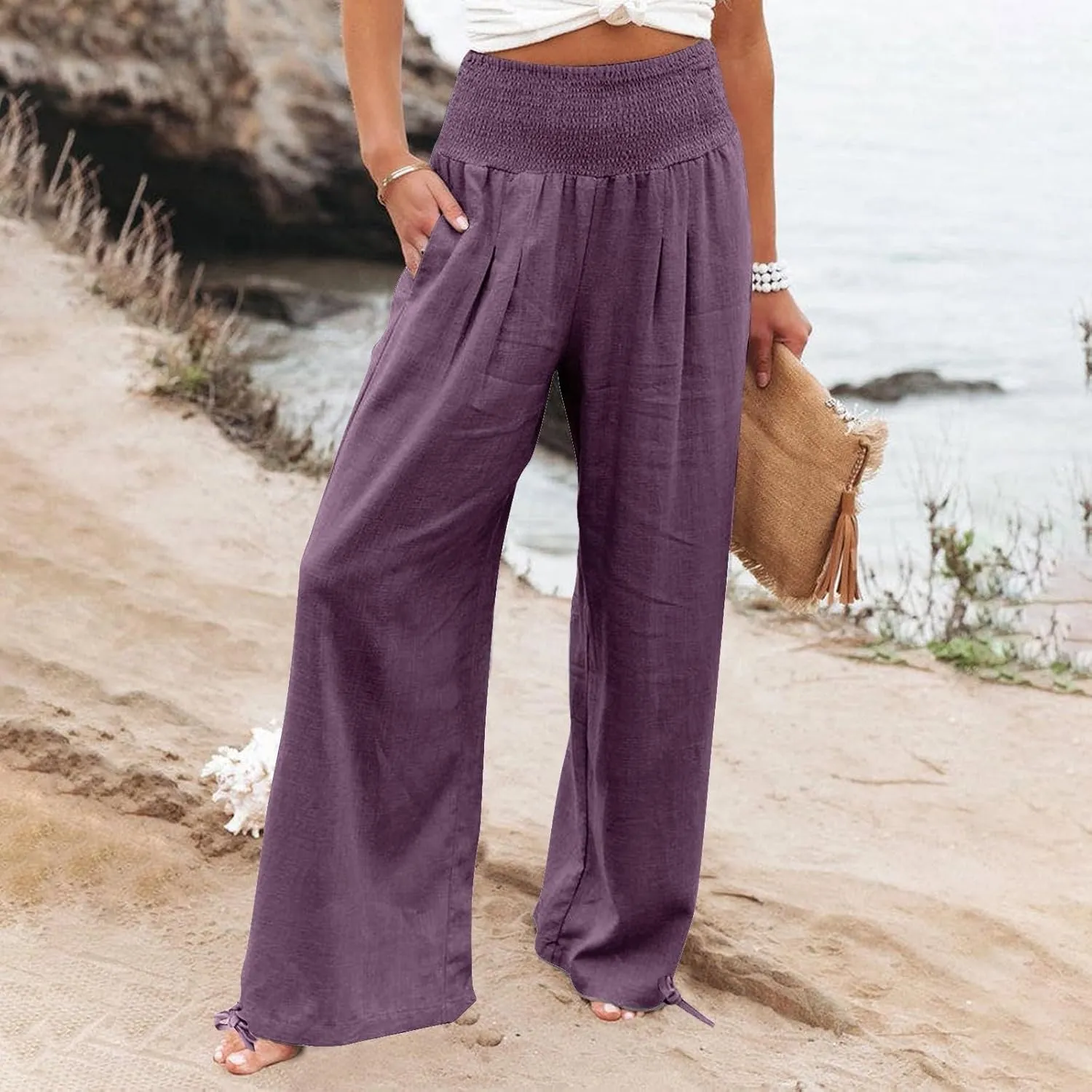 Wide Leg Linen Pants Women Summer High Waisted Boho Beach Flowy Pant Casual Vacation Outfits Elastic Lounge Trousers