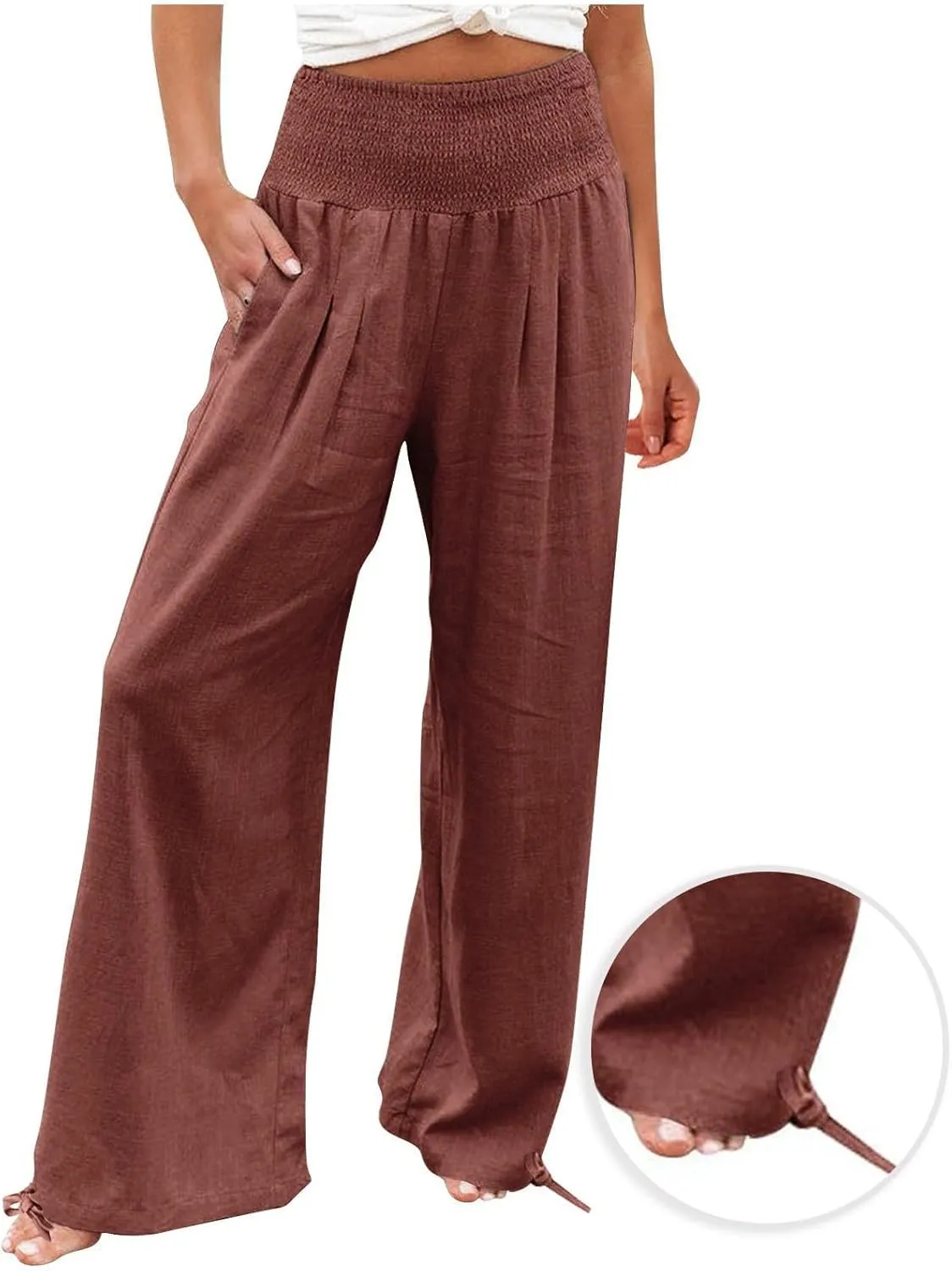 Wide Leg Linen Pants Women Summer High Waisted Boho Beach Flowy Pant Casual Vacation Outfits Elastic Lounge Trousers