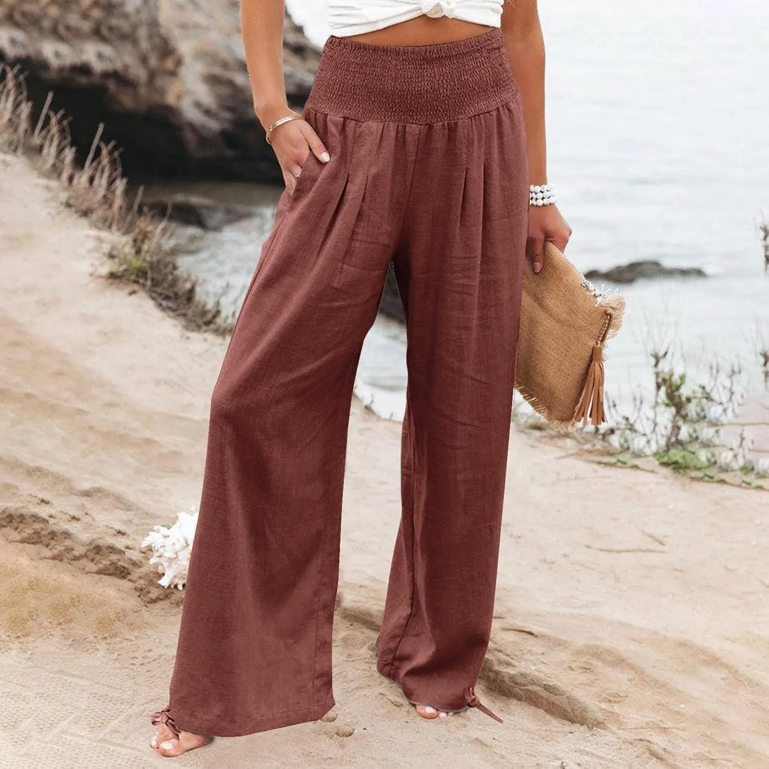 Wide Leg Linen Pants Women Summer High Waisted Boho Beach Flowy Pant Casual Vacation Outfits Elastic Lounge Trousers