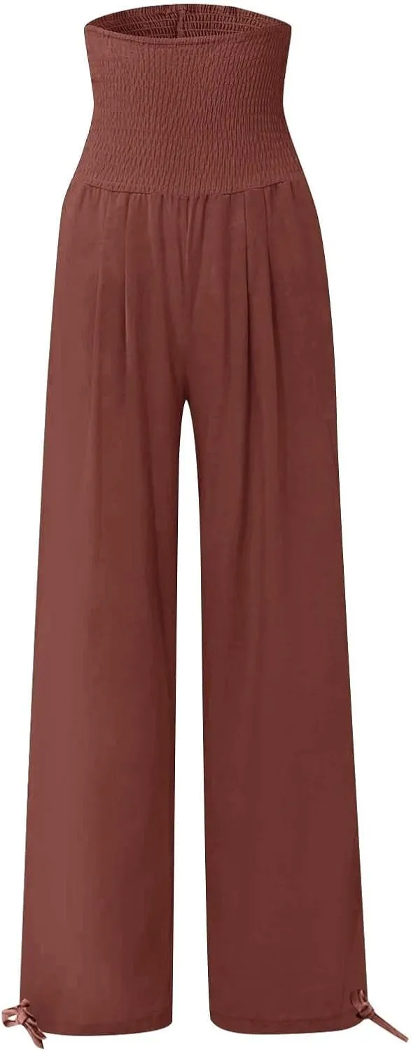 Wide Leg Linen Pants Women Summer High Waisted Boho Beach Flowy Pant Casual Vacation Outfits Elastic Lounge Trousers