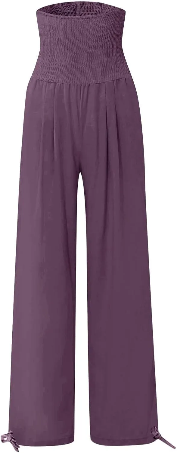 Wide Leg Linen Pants Women Summer High Waisted Boho Beach Flowy Pant Casual Vacation Outfits Elastic Lounge Trousers