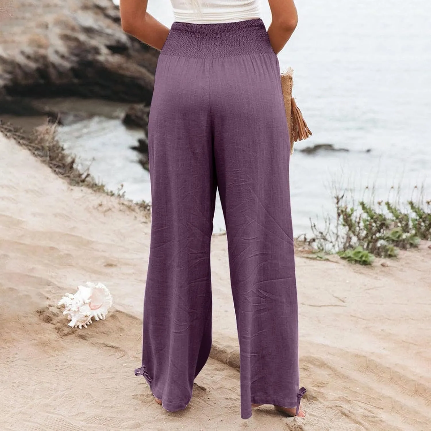 Wide Leg Linen Pants Women Summer High Waisted Boho Beach Flowy Pant Casual Vacation Outfits Elastic Lounge Trousers