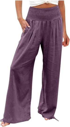 Wide Leg Linen Pants Women Summer High Waisted Boho Beach Flowy Pant Casual Vacation Outfits Elastic Lounge Trousers