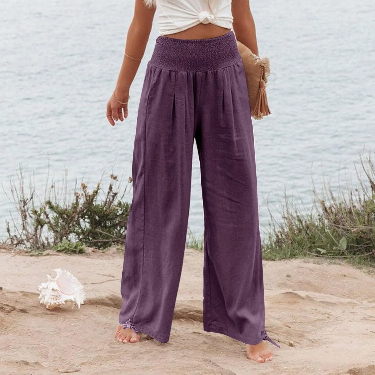 Wide Leg Linen Pants Women Summer High Waisted Boho Beach Flowy Pant Casual Vacation Outfits Elastic Lounge Trousers