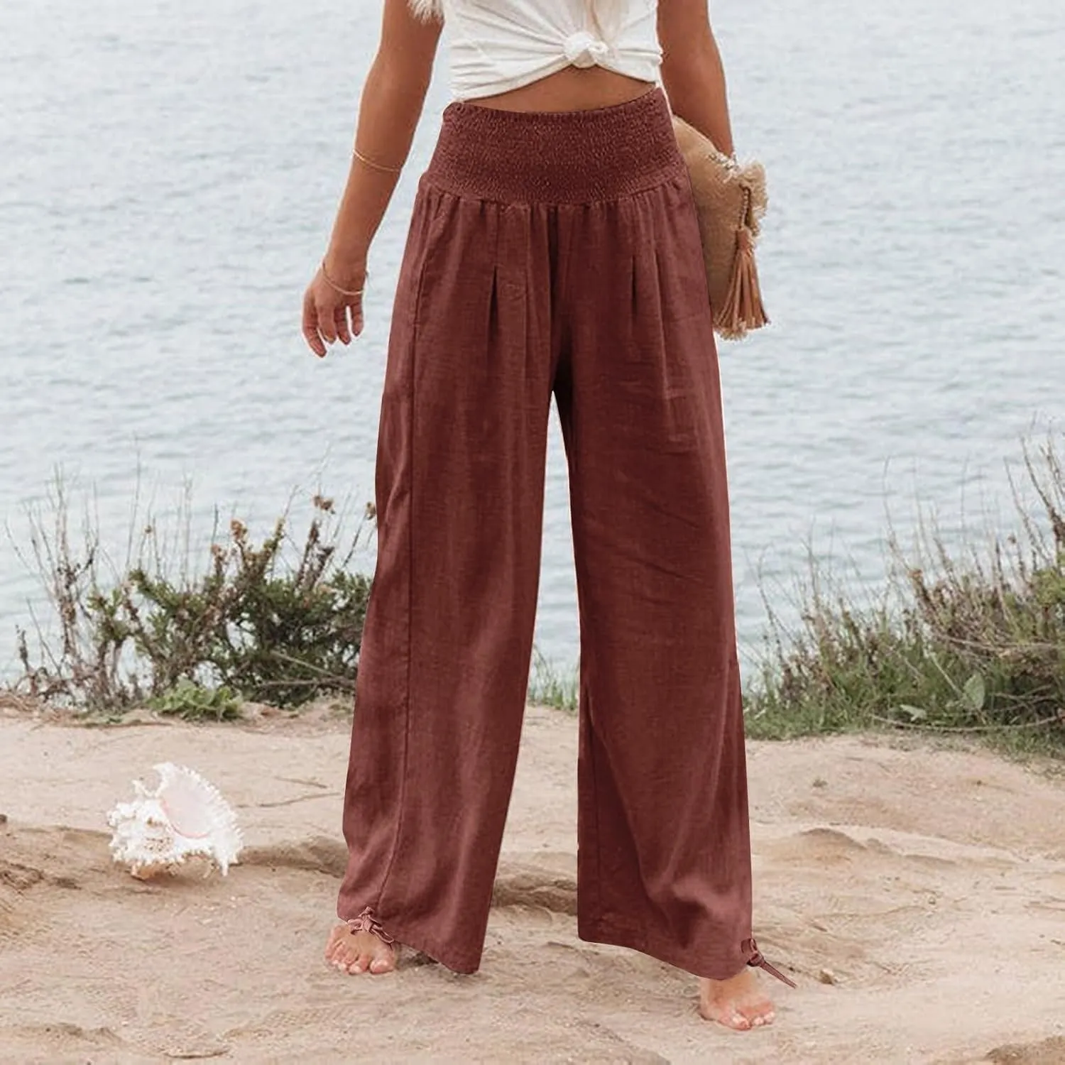 Wide Leg Linen Pants Women Summer High Waisted Boho Beach Flowy Pant Casual Vacation Outfits Elastic Lounge Trousers