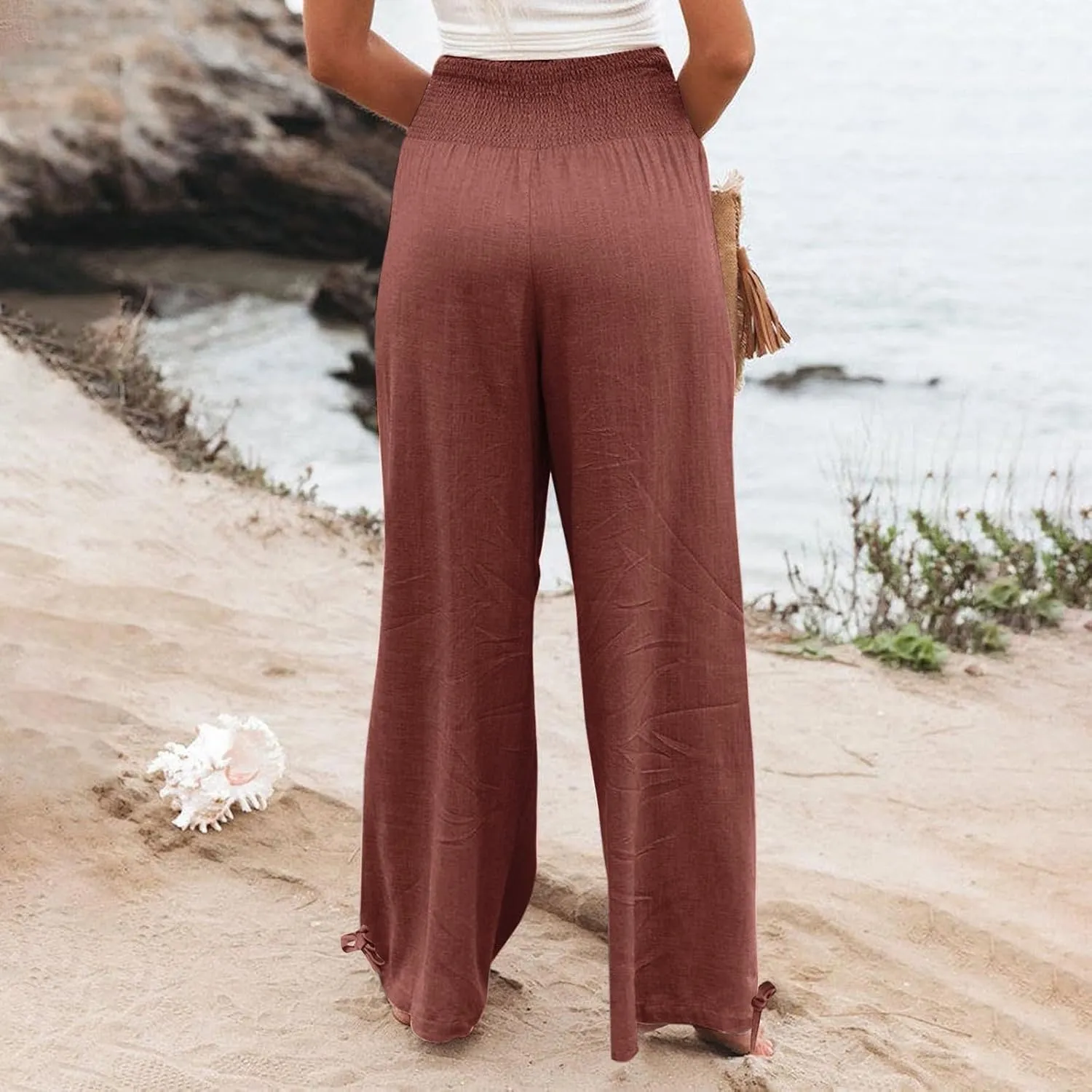 Wide Leg Linen Pants Women Summer High Waisted Boho Beach Flowy Pant Casual Vacation Outfits Elastic Lounge Trousers
