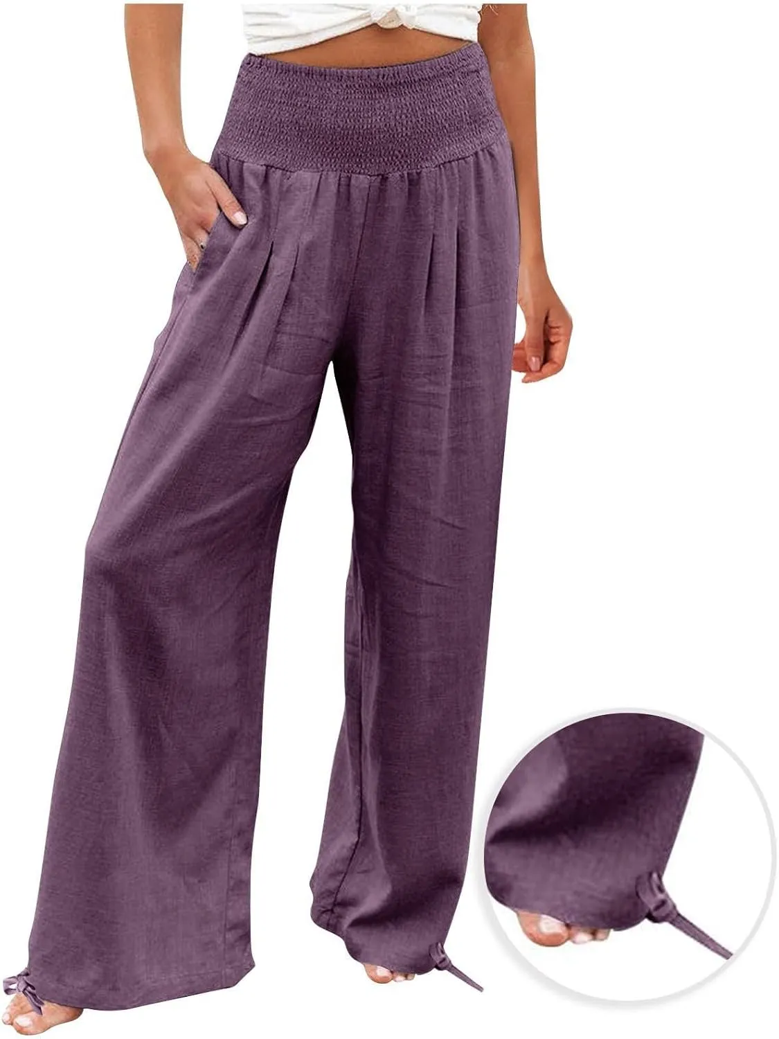 Wide Leg Linen Pants Women Summer High Waisted Boho Beach Flowy Pant Casual Vacation Outfits Elastic Lounge Trousers