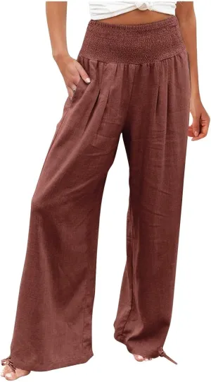Wide Leg Linen Pants Women Summer High Waisted Boho Beach Flowy Pant Casual Vacation Outfits Elastic Lounge Trousers