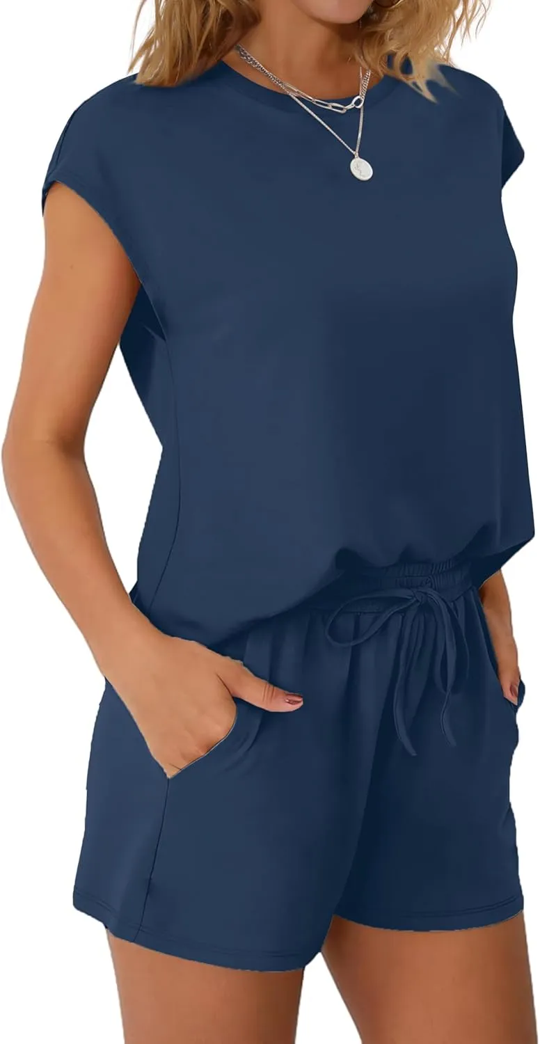 WIHOLL Two Piece Sets for Women Summer Crew Neck Lounge Short Sets Cap Sleeve Drawstring Sweatsuit with Pocket