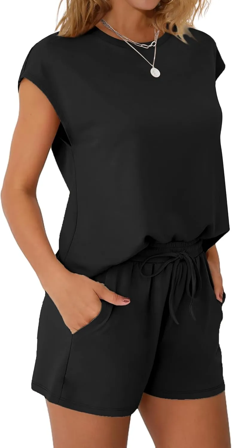 WIHOLL Two Piece Sets for Women Summer Crew Neck Lounge Short Sets Cap Sleeve Drawstring Sweatsuit with Pocket
