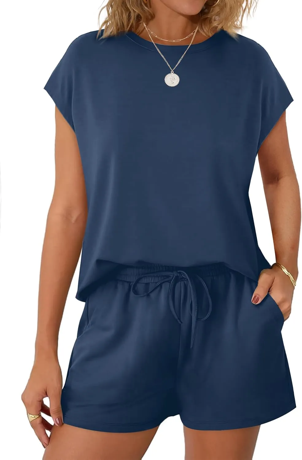 WIHOLL Two Piece Sets for Women Summer Crew Neck Lounge Short Sets Cap Sleeve Drawstring Sweatsuit with Pocket