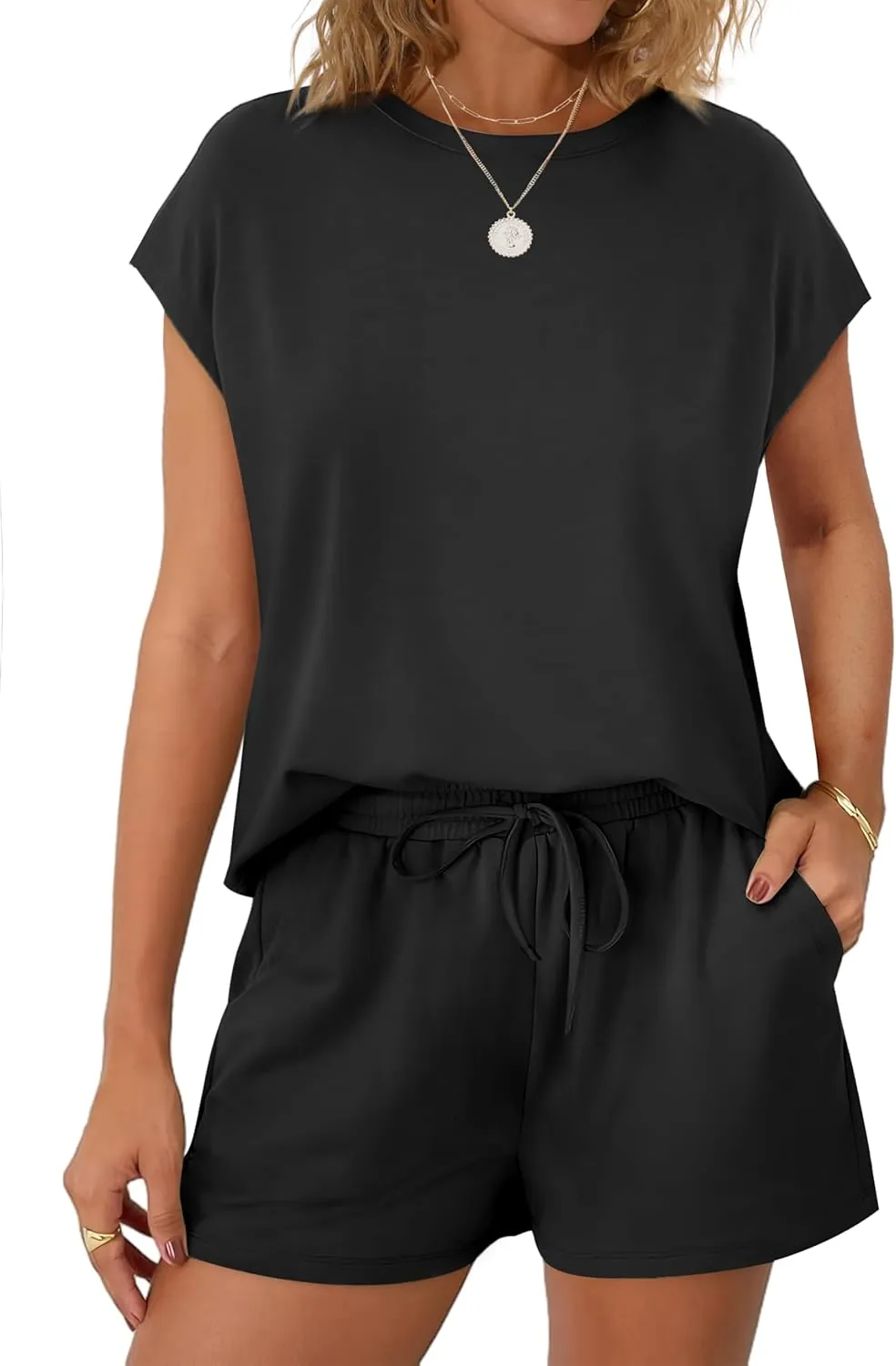 WIHOLL Two Piece Sets for Women Summer Crew Neck Lounge Short Sets Cap Sleeve Drawstring Sweatsuit with Pocket