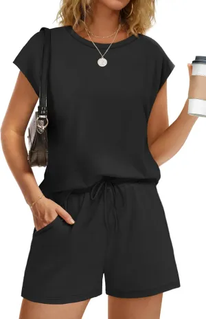 WIHOLL Two Piece Sets for Women Summer Crew Neck Lounge Short Sets Cap Sleeve Drawstring Sweatsuit with Pocket