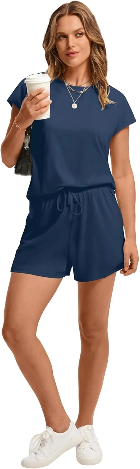 WIHOLL Two Piece Sets for Women Summer Crew Neck Lounge Short Sets Cap Sleeve Drawstring Sweatsuit with Pocket