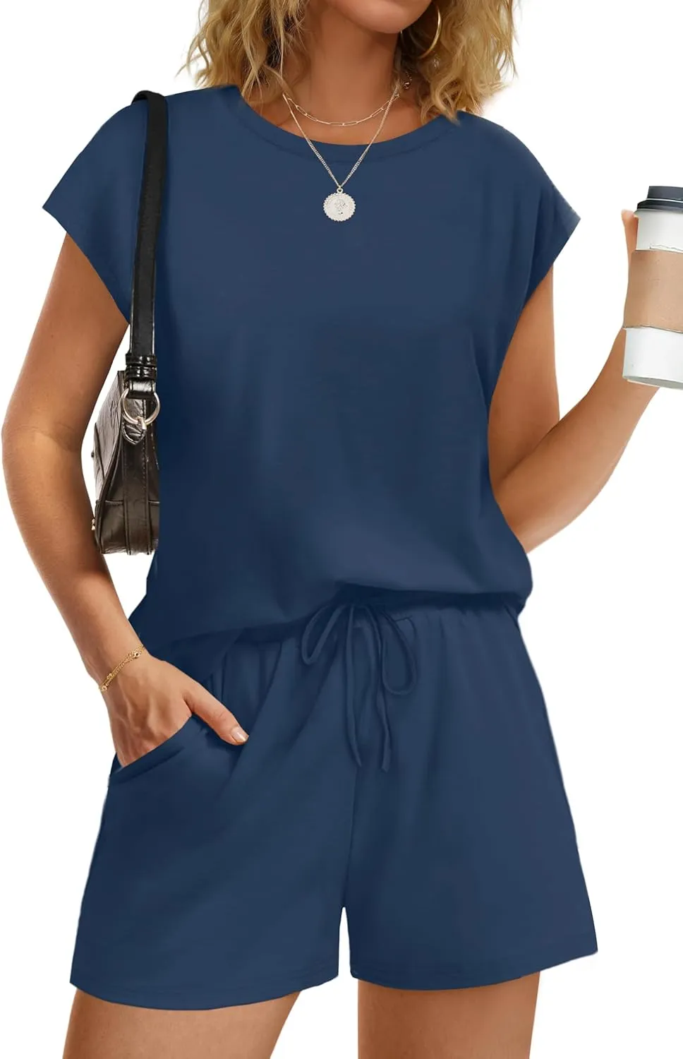 WIHOLL Two Piece Sets for Women Summer Crew Neck Lounge Short Sets Cap Sleeve Drawstring Sweatsuit with Pocket