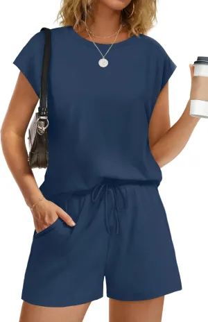WIHOLL Two Piece Sets for Women Summer Crew Neck Lounge Short Sets Cap Sleeve Drawstring Sweatsuit with Pocket