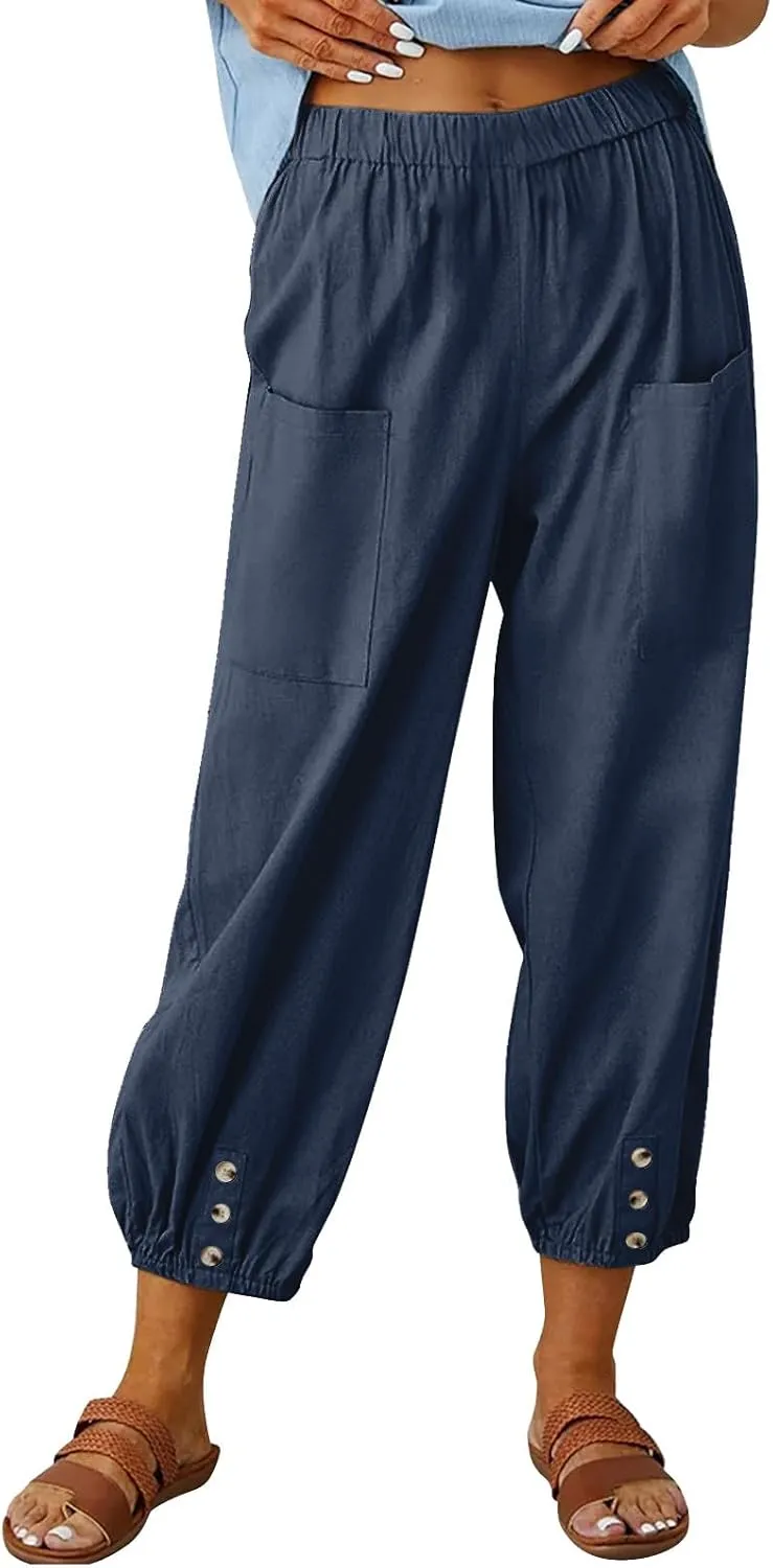 Women Capri Pants 2025 Casual Summer High Waist Drawstring Cinch Bottom with Button Casual Loose Trouser with Pockets