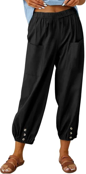 Women Capri Pants 2025 Casual Summer High Waist Drawstring Cinch Bottom with Button Casual Loose Trouser with Pockets