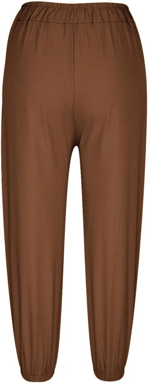 Women Capri Pants 2025 Casual Summer High Waist Drawstring Cinch Bottom with Button Casual Loose Trouser with Pockets
