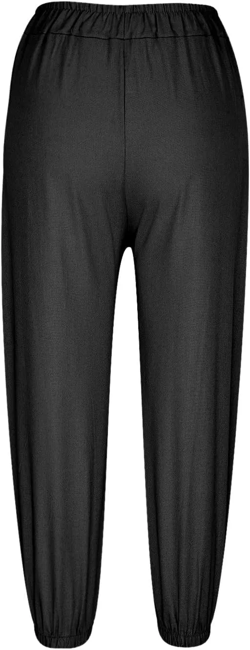 Women Capri Pants 2025 Casual Summer High Waist Drawstring Cinch Bottom with Button Casual Loose Trouser with Pockets