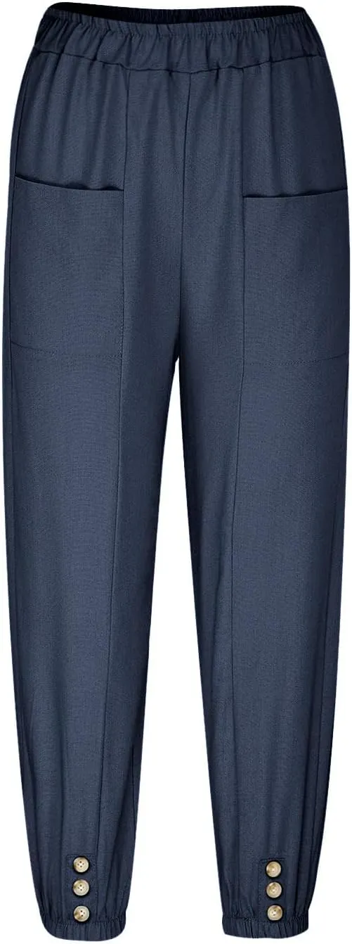Women Capri Pants 2025 Casual Summer High Waist Drawstring Cinch Bottom with Button Casual Loose Trouser with Pockets