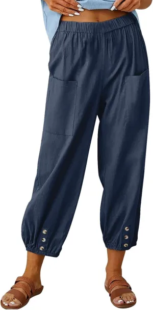 Women Capri Pants 2025 Casual Summer High Waist Drawstring Cinch Bottom with Button Casual Loose Trouser with Pockets