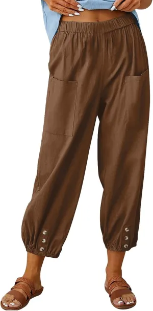 Women Capri Pants 2025 Casual Summer High Waist Drawstring Cinch Bottom with Button Casual Loose Trouser with Pockets